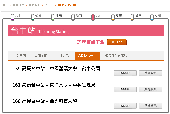 高鐵台中站接駁車路線圖，包含159線高鐵台中站-中國醫藥大學-台中公園、161線高鐵台中站-東海大學-中科管理局、160線高鐵台中站-僑光科技大學