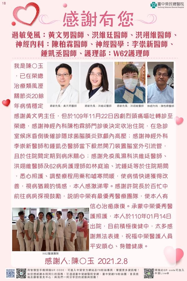 感謝過敏免風：黃文男醫師          洪維廷醫師          洪翊維醫師 神經內科：陳柏霖醫師 神經醫學：李崇新醫師          鍾凱丞醫師 護理部：W62護理師