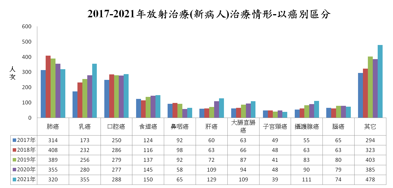 2017-2021年放射治療(新病人)治療情形-以癌別區分