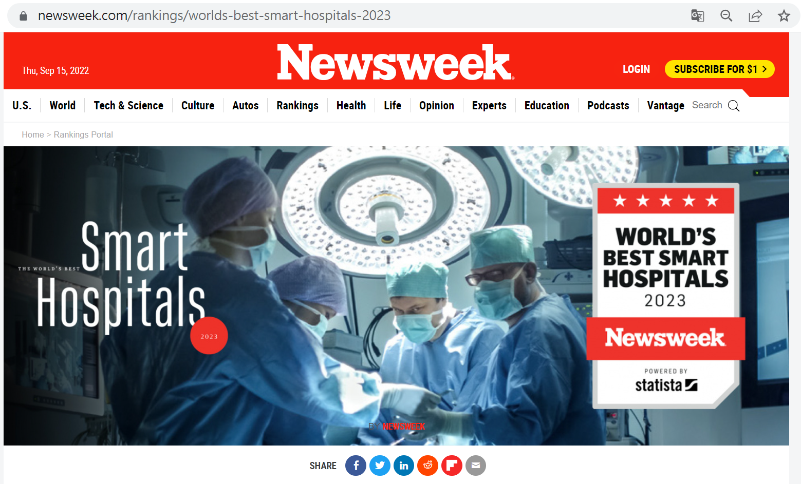 美國Newsweek評選「World’s Best Smart Hospitals2023」，本院為第254名，為兩岸三地唯一進榜醫院01