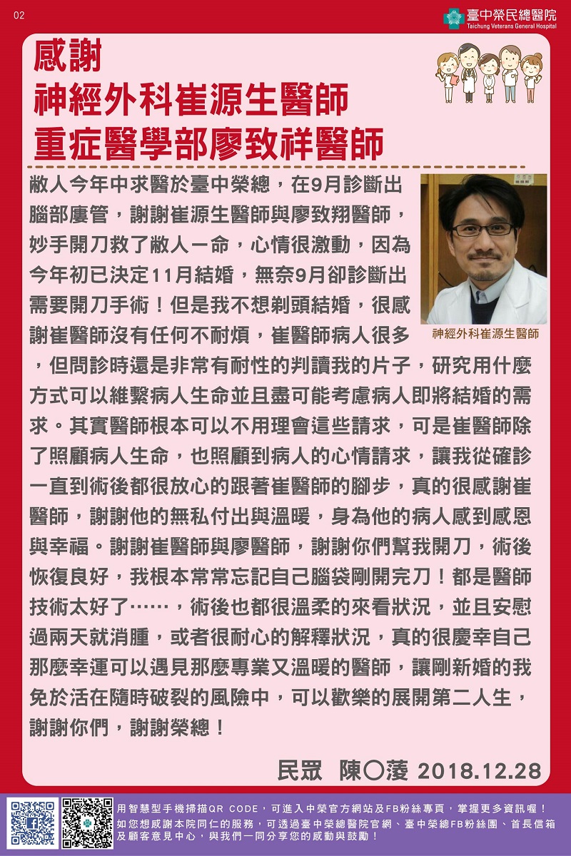 感謝神經外科崔源生醫師與重症醫學部廖致翔醫師