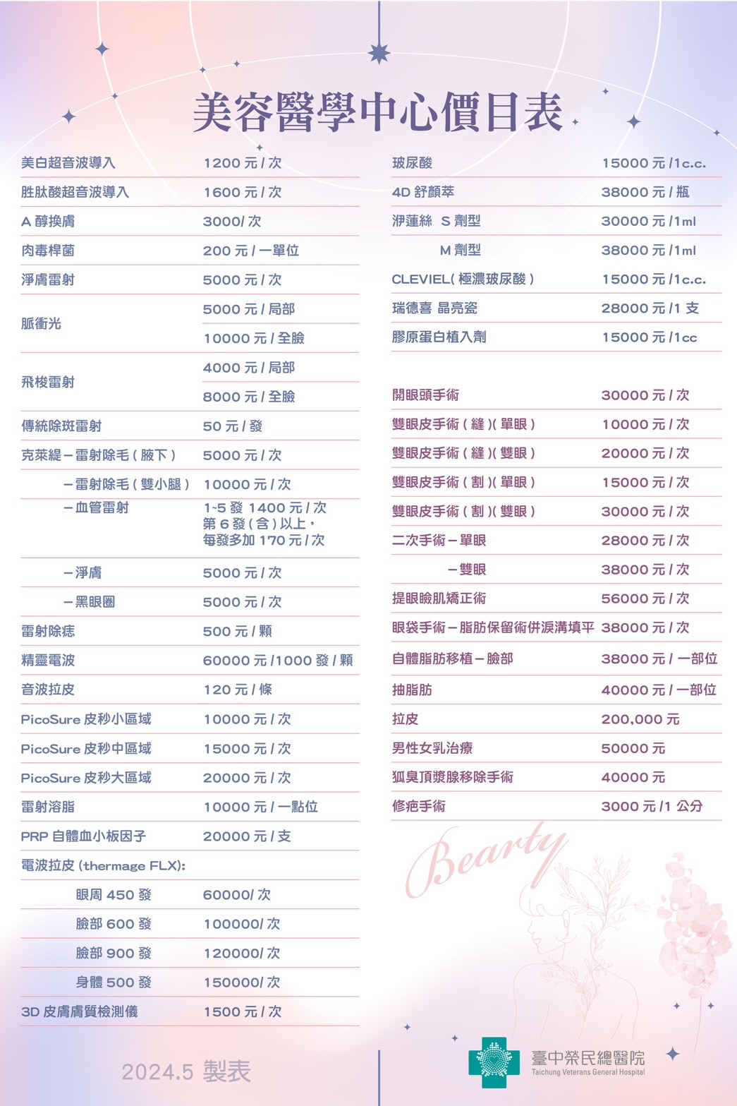 美醫中心價目表